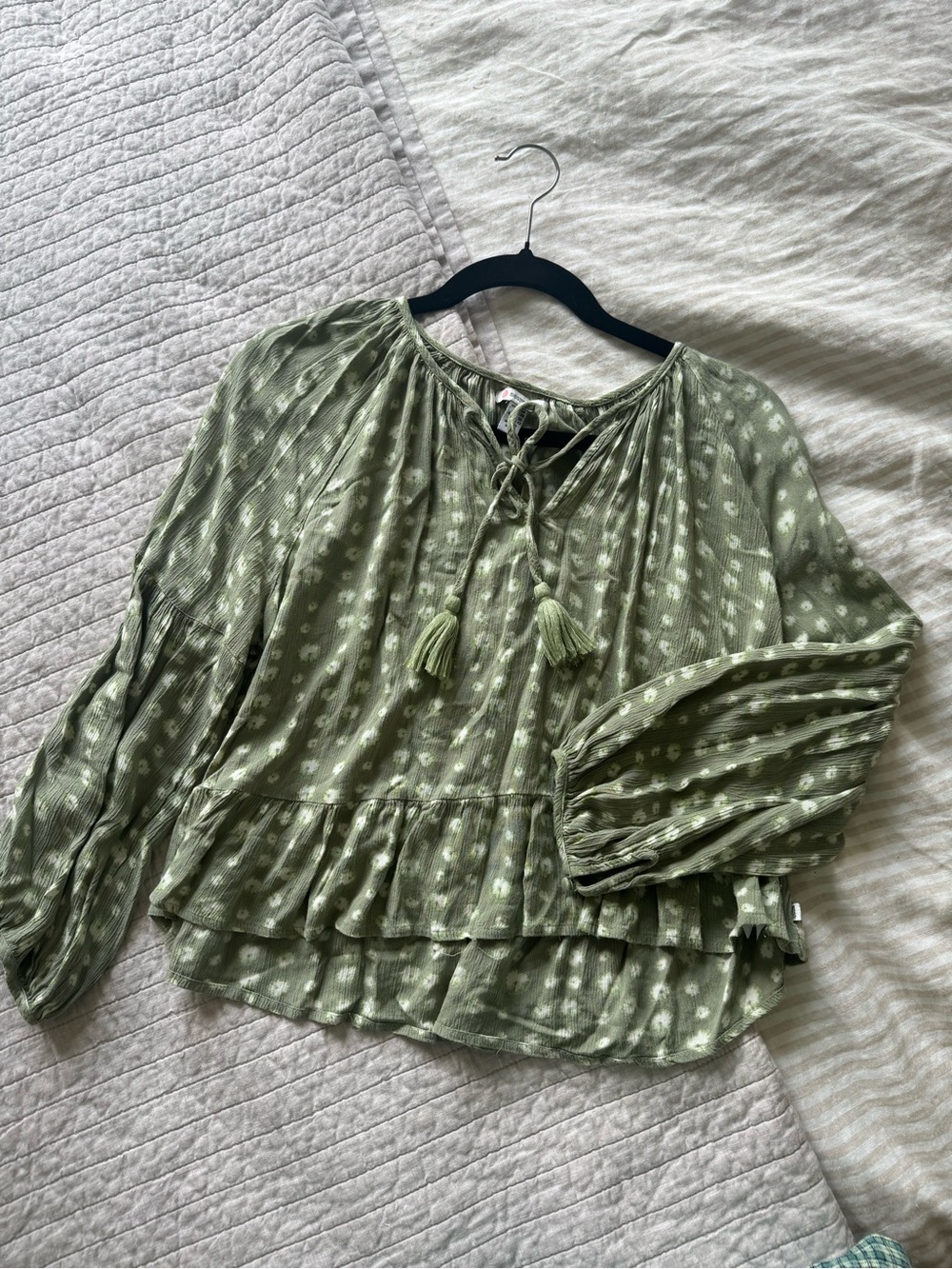 Revolution Olive Sage Peasant Blouse with Tassel Tie